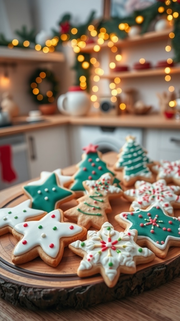 A variety of decorated Christmas cookies on a wooden platter, featuring festive shapes and colorful icing.